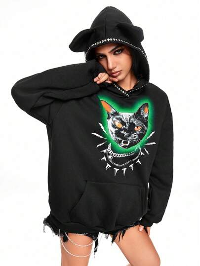 Grunge Punk Felpa con cappuccio in pile oversize con stampa a catena di gatti punk rock rivetata, stile urban