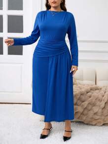SHEIN Clasi Rochie lungă cu tiv asimetric pentru femei, elegantă, cu talie pliată, cu tiv asimetric, pentru toamnă și iarnă, pentru ieșiri - Albastru regal - Vizualizare 6