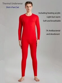 Men Solid Color Minimalist Long Sleeve T-Shirt And Long Pants Set, Thermal Wear