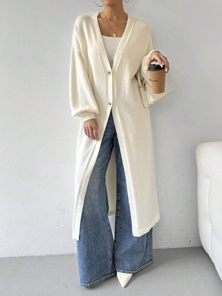 Firerie 秋冬优雅蓬松杏色超长针织开衫、休闲家居长外套 - 杏色 - 查看 1