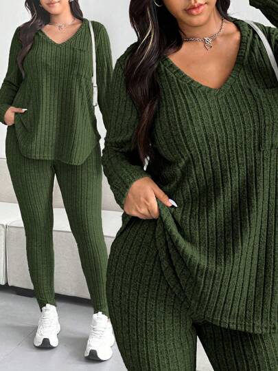 Easura Plus Size Solid V-ringad Långärmad ficka Casual Topp och Byxor 2 delar Set, för Thanksgiving