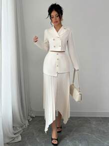 Selianne 2 件套女士西装外套领子收褶腰线纽扣式褶皱不对称优雅服装 - 米色 - 查看 4