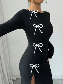 Elenzga 女士优雅蝴蝶结装饰高开叉收腰中长连衣裙，秋季长款女装秋季服装 - 黑色 - 查看 3