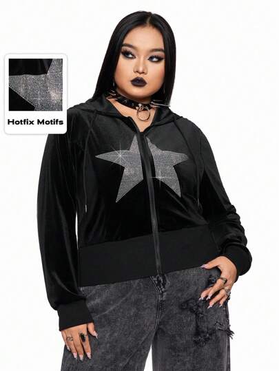 Grunge Punk Casual Everyday Velvet Loose Fit Star Rhinestone Decor Hooded Zip-Up Jacket, Plus Size