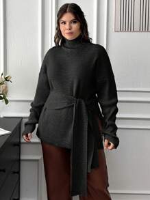 EURMUSE Plus Turtle-Neck Tie-Up Detailed Sweater With Rib Knit Detailed - Black - View 3