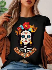 SHEIN Essnce 亡灵节骷髅衬衫，亡灵节西班牙墨西哥风格衬衫，亡灵节骷髅礼物，万圣节秋季恐怖季节衬衫，女士休闲宽松圆领短袖T恤，适合夏季穿着 - 黑色 - 查看 3