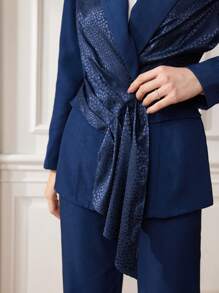 Modelyn Women's Navy Blue Patchwork Leopard Jacquard Suit Set, Professional And Chic, Autumn/Winter 2 Pieces Set
