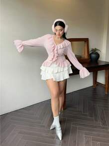 Flirla 大码优雅法式荷叶边喇叭袖女式衬衫 - 粉色 - 查看 7