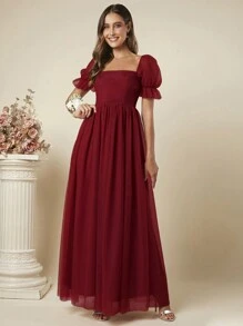 SHEIN Belle Solid Color Short Sleeve Pleated Simple Long Bridesmaid Dress For Adult, Elegant Dress