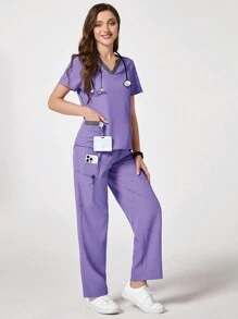 TaskEZ Set de uniforme de scrub pentru alăptare, cu decolteu în V, cu mâneci scurte și pantaloni - Violet - Vizualizare 3