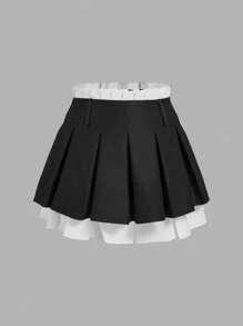 SHEIN MOD Plus Size Gray Patchwork Double-Layer Pleated Mini Skirt