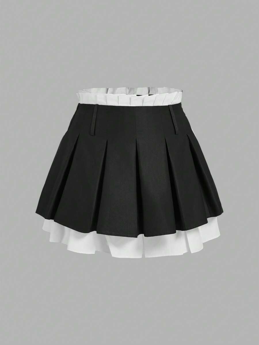 SHEIN MOD Plus Size Gray Patchwork Double-Layer Pleated Mini Skirt