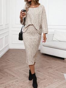 SHEIN LUNE Set de 2 piezas con top de manga larga y falda casual y cómodo, adecuado para otoño/invierno