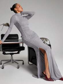Hauture Mock Neck Ruching Drawstring Slit Business Casual Dress - Grey - View 1