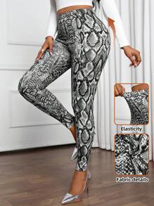 SHEIN Lady 四季打底裤 蛇纹女式打底裤 优雅修身长款女士打底裤 - 黑色 - 查看 1