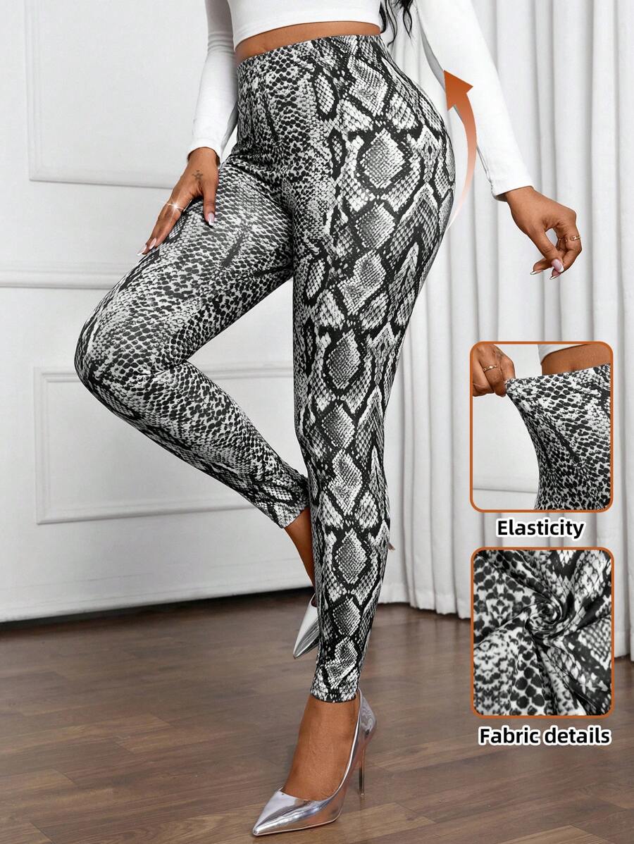 SHEIN Lady 四季打底裤 蛇纹女式打底裤 优雅修身长款女士打底裤 - 黑色 - 查看 1