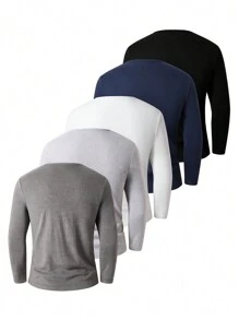 SHEIN 5pcs/Set Minimalist Style Round Neck Long Sleeve T-Shirts For Teenage Boys, 5 Colors