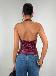 SHEIN BAE Chaleco de mujer de unicolor de PU con botones delanteros y solapa, de corte retro en color borgoña, escote en V sexy. Blusa de tanque, parte superior corta para Navidad, Acción de Gracias y negocios casuales
