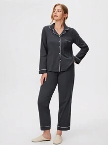 LUVLETTE 夏季黑色柔软100%纯棉基本款长款睡衣套装，女士家居服套装，带口袋长裤，纯棉睡衣 - 深灰色 - 查看 3