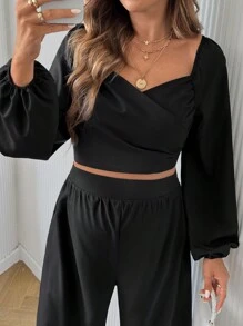 SHEIN 2pcs Pregnancy Casual Solid Color Sweetheart Neck Lantern Sleeve Crop Top & Elastic Waist Wide-Leg Pants Set, Spring/Autumn, For Maternity