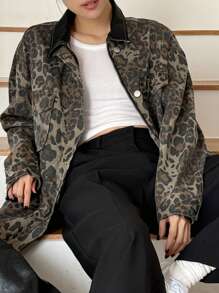 DAZY Women's Autumn Casual Leopard Print Zip-Up Loose Denim Jacket Cheetah Print