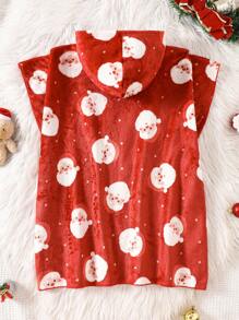 SHEIN Young Girl Santa Claus Pattern Hooded Soft & Comfortable Flannel Bathrobe For Christmas - Red and White - View 2