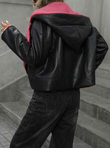 Aveloria Minimalist Casual Fluffy Collar Hooded Long Sleeve PU Jacket