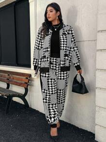 SHEIN Clasi Áo khoác bomber in họa tiết răng sói cỡ lớn cho nữ và quần dài thường ngày, mùa thu - Đen và trắng - Xem 5