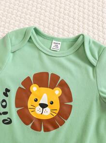 SHEIN Bộ 3 món/bộ đồ liền thân trẻ sơ sinh mùa xuân thu đông dày mềm mại thoải mái co giãn cao dễ thương in hình sư tử hổ hoạt hình, thích hợp sử dụng ở nhà và ngoài trời - màu xanh lá - Xem 4