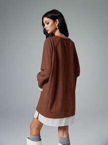 Poéselle Sweat-shirt ample en fausse fourrure, 2 pièces, col rond, manches raglan longues, ample, pour le printemps et l'automne, vêtements pour femmes, robes décontractées pour femmes, couleur unie