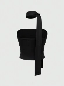 ROMWE Goth Y2K 风格豹纹全身紧身褶饰抹胸短款上衣 - 黑色 - 查看 2