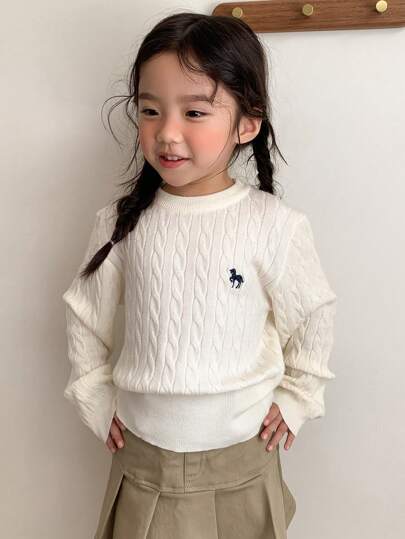 Dazy Kids Áo len lưới thêu họa tiết kỳ lân thường ngày cho bé gái, quần áo thu đông