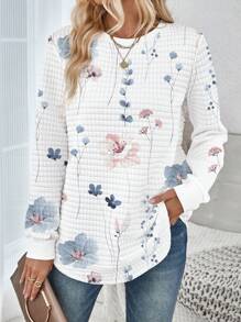 SHEIN LUNE Áo nỉ cổ tròn in hoa cho nữ màu trắng thoải mái, có đường viền cong xẻ tà bên hông, phù hợp cho mùa thu/đông - Nhiều màu - Xem 2