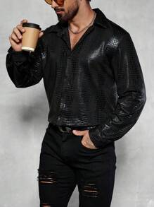 Manfinity Roughcore Áo sơ mi nam tay dài in họa tiết da cá sấu trơn màu thời trang, dành cho mùa thu, bạn bè, mùa thu - màu đen - Xem 4