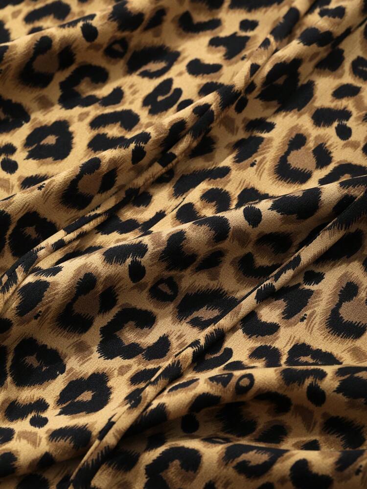 Dazy Petite Plus Plus Size Women Leopard Print Tie Front Long Sleeve Loose Blouse, Autumn,Ruffle Cheetah Print