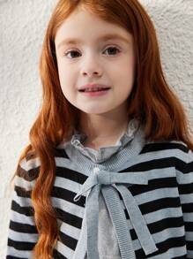 Blossori 秋冬季年轻女孩休闲拼色条纹开衫 - 灰色 - 查看 3