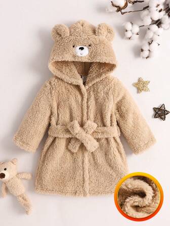 Babyjongens schattige beer geborduurde lange mouwen capuchon fleece badjas met afneembare riem, herfst/winter teddybeer kleding