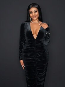 Slaydiva Elegant Party Green Deep V-Neck Ruched Long Sleeve Velvet Bodycon Dress - Black - View 3