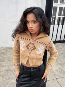 SHEIN Y2K Vintage Jacquard Pattern Contrast Color Dual Zipper Short Knitted Cardigan For Teenage Girls, Autumn/Winter