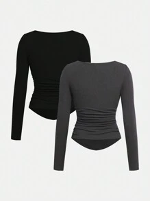 Girlism 青少年女孩 2 件套黑色和深灰色圆领褶皱腰长袖修身休闲 T 恤上衣，买 1 送 1 - 彩色 - 查看 2