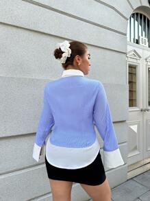 Flirla Camisa de manga larga a rayas verticales blancas y negras de estilo retro francés de nicho de talla grande, blusa de cintura ceñida 2 en 1