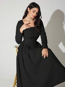 Modelyn Rochie de culoare solidă pentru femei, cu decolteu pătrat, talie, rochii lungi de seară de toamnă