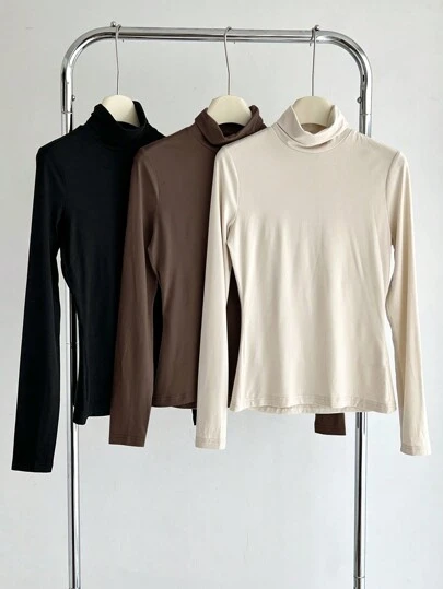 SHEIN BASICS 3pcs/Set Solid Color Knit Mock Neck Straight Shoulder Long Sleeve Fitted Women Undershirt, Warm Comfort
