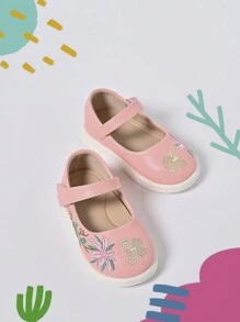 1 双女童 PU 皮革舒适可爱蝴蝶和花朵刺绣公主平底鞋，适合日常穿着 - 粉色 - 查看 4