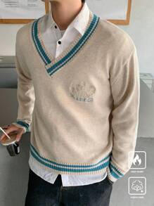 Manfinity CasualKnits Men's Plain Color V-Neck Long Sleeve Minimalist Sweater, Casual Everyday Wear