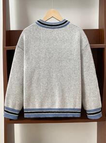Tween Boy Casual Letter Print Color-Blocked Ribbed V-Neck Loose Sweater, Suitable For Autumn, Spring, And Winter, Ideal For Outdoor Play, School, Street Style, Party, And Casual Wear, Can Be Worn As An Undershirt Or Outerwear