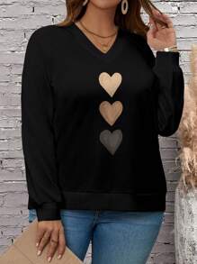 SHEIN LUNE 大码女式心形图案长袖 V 领插肩袖运动衫 - 黑色 - 查看 4