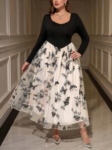 SHEIN Privé 1pc Plus Size Color Block Butterfly Mesh Splicing A-Line Long Sleeve Sweetheart Neck Dress