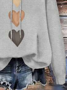 EMERY ROSE Casual Simple Heart Print Pattern Loose Fit Hoodie Sweatshirt For Women - Light Grey - View 3