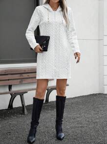 SHEIN LUNE 女士秋冬长袖连帽短款双层纹理针织休闲修身连衣裙，面料随机选择 - 白色 - 查看 4